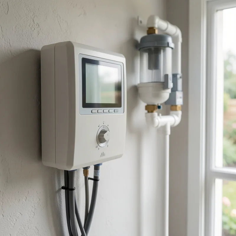 Programmateur d&rsquo;arrosage fixé au mur d&rsquo;un local technique, cadran et vannes en arrière-plan