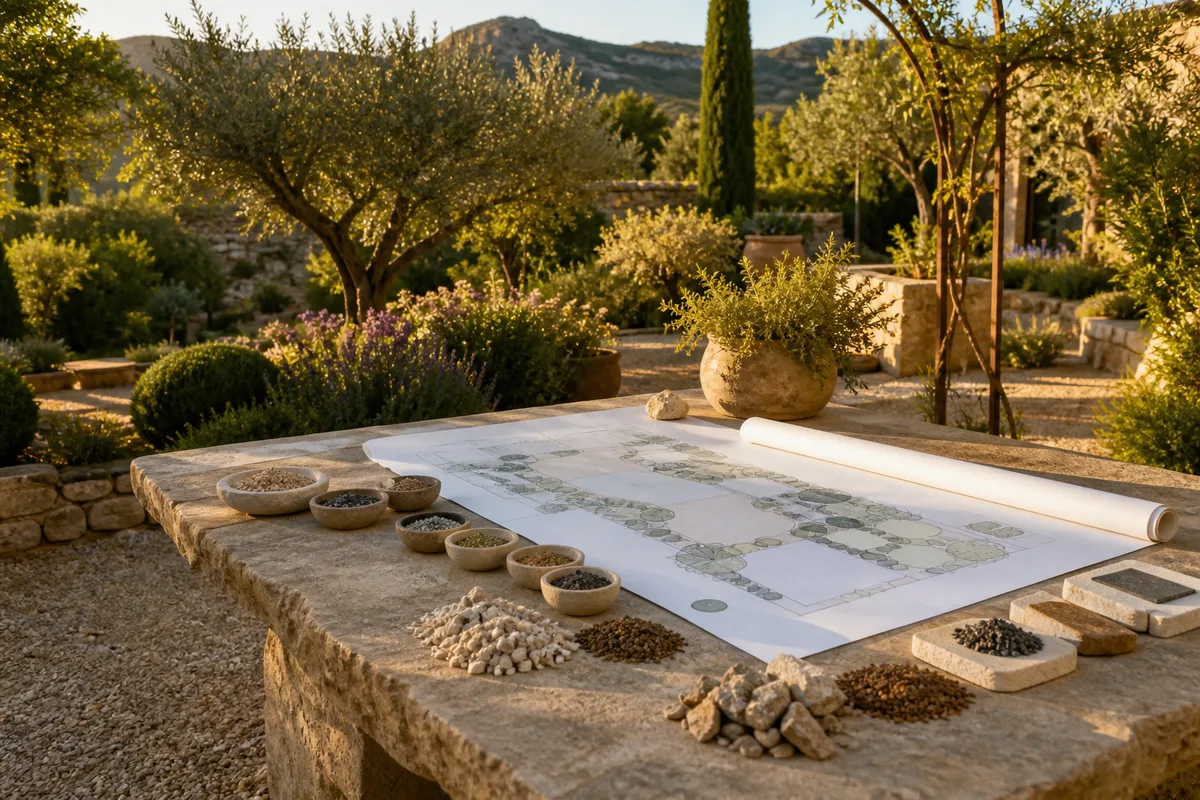 Plan de jardin déroulé sur une table de pierre avec échantillons de graviers