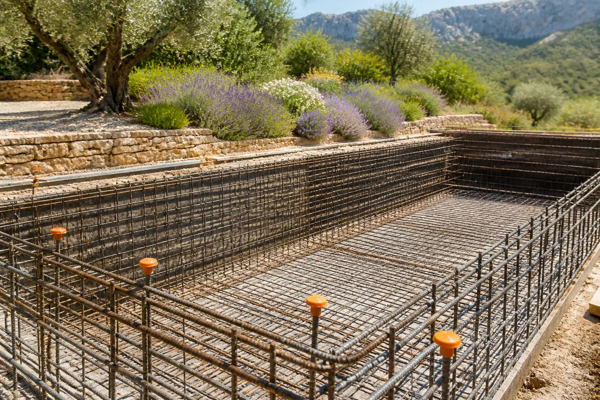 Fouille de piscine ferraillée en attente de coulage sur un terrain provençal