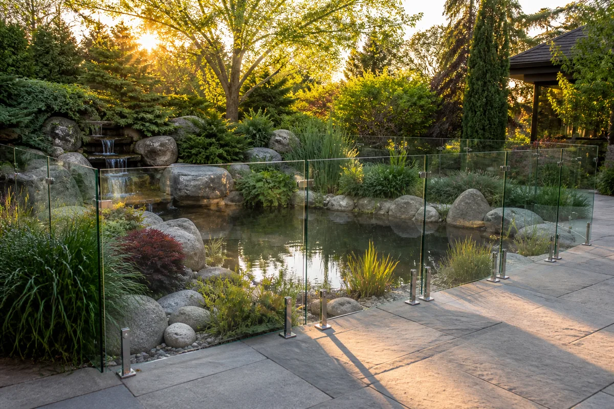Barrière de sécurité transparente installée autour d&rsquo;un bassin de jardin