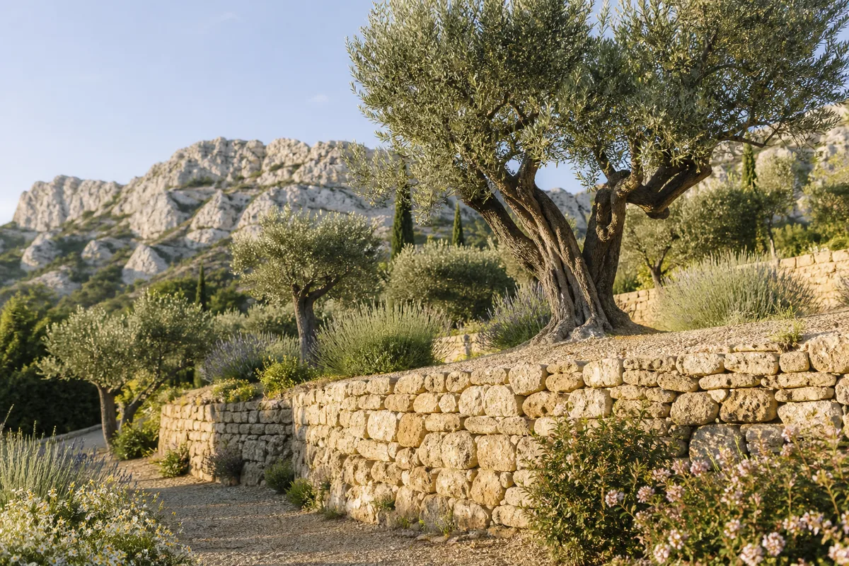 Restanque de pierre sèche et oliviers sur un coteau du piémont des Alpilles