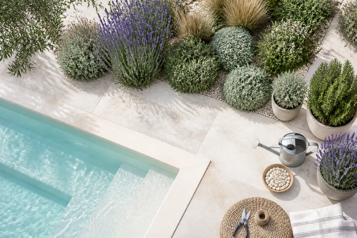 Aménagement autour d'une piscine : planter sans passer l'été à ramasser les feuilles