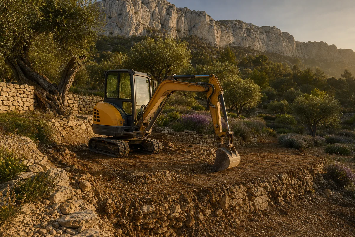 Mini pelle décaissant une plateforme sur un terrain en pente caillouteux
