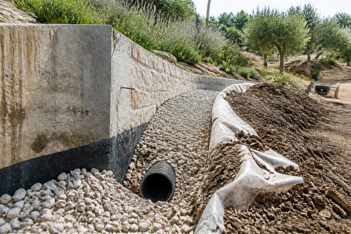 Drain et lit de graviers installés derrière un mur de soutènement en construction